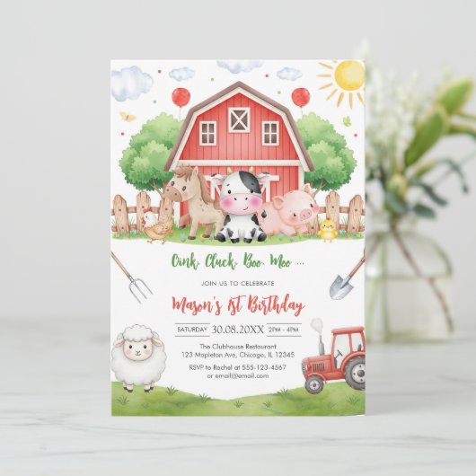 Oink Baa Quack Moo Farm Animals Birthday 招待状 (スタンド正面)