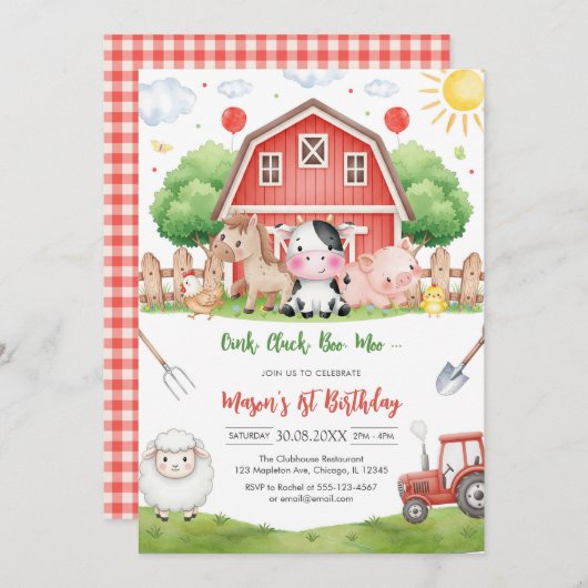 Oink Baa Quack Moo Farm Animals Birthday 招待状 (正面/裏面)