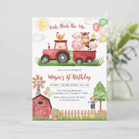 Oink Baa Quack Moo Farm Animals Birthday 招待状 (スタンド正面)