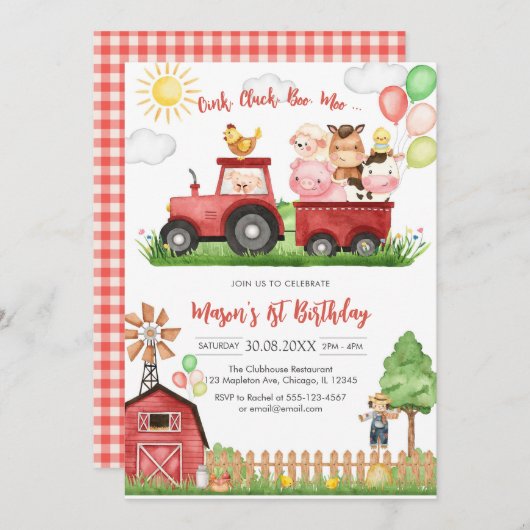 Oink Baa Quack Moo Farm Animals Birthday 招待状 (正面/裏面)