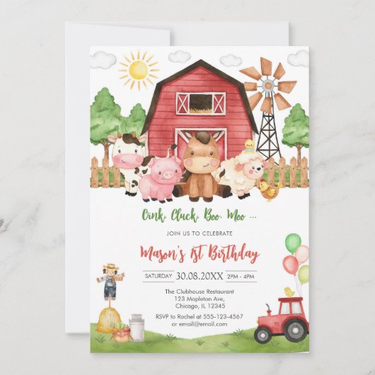 Oink Baa Quack Moo Farm Animals Birthday 招待状 (正面)