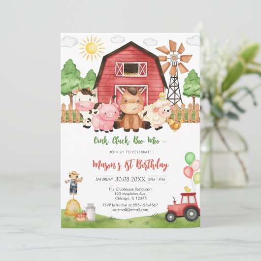Oink Baa Quack Moo Farm Animals Birthday 招待状 (スタンド正面)