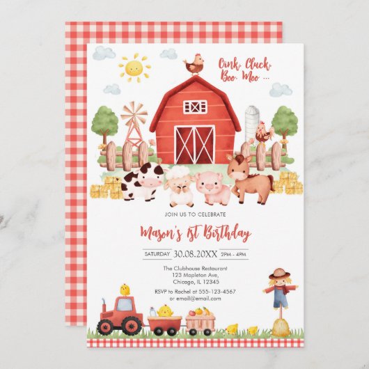 Oink Baa Quack Moo Farm Animals Birthday 招待状 (正面/裏面)