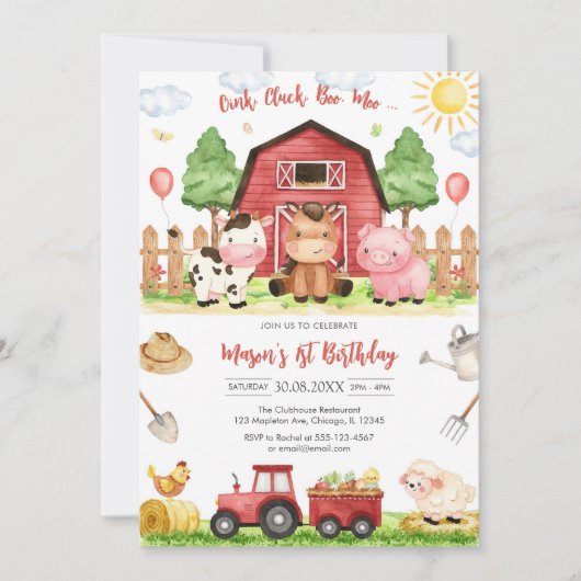 Oink Baa Quack Moo Farm Animals Birthday 招待状 (正面)