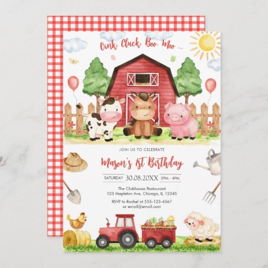 Oink Baa Quack Moo Farm Animals Birthday 招待状 (正面/裏面)