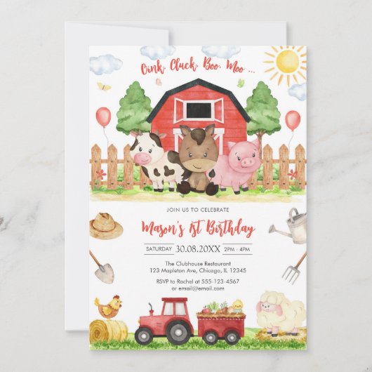 Oink Baa Quack Moo Farm Animals Birthday 招待状 (正面)