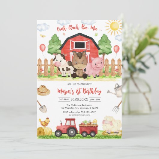 Oink Baa Quack Moo Farm Animals Birthday 招待状 (スタンド正面)