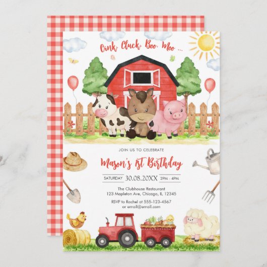 Oink Baa Quack Moo Farm Animals Birthday 招待状 (正面/裏面)