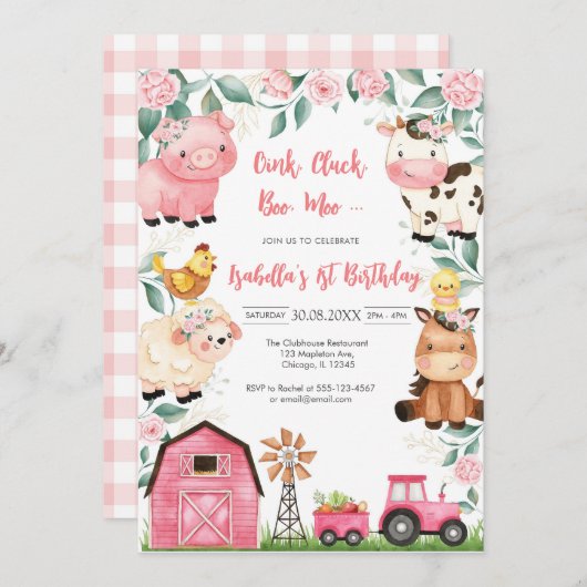 Oink Baa Quack Moo Farm Animals Birthday 招待状 (正面/裏面)