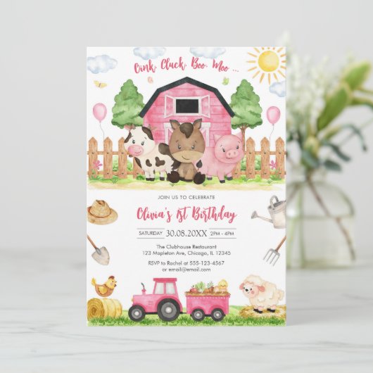 Oink Baa Quack Moo Farm Animals Birthday 招待状 (スタンド正面)