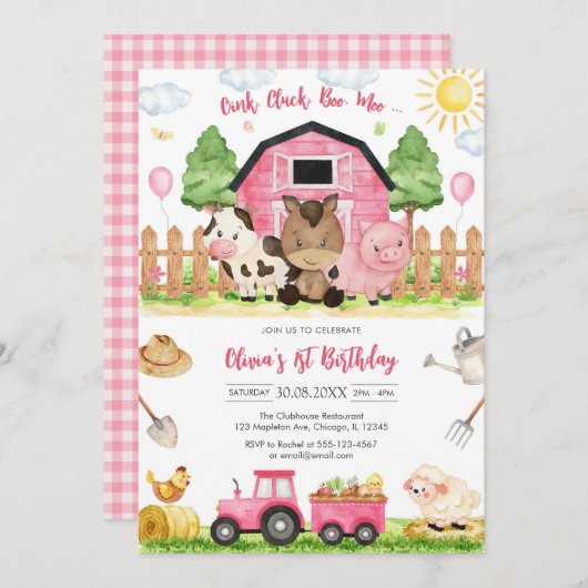 Oink Baa Quack Moo Farm Animals Birthday 招待状 (正面/裏面)