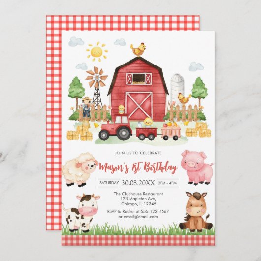 Oink Baa Quack Moo Farm Animals Birthday 招待状 (正面/裏面)