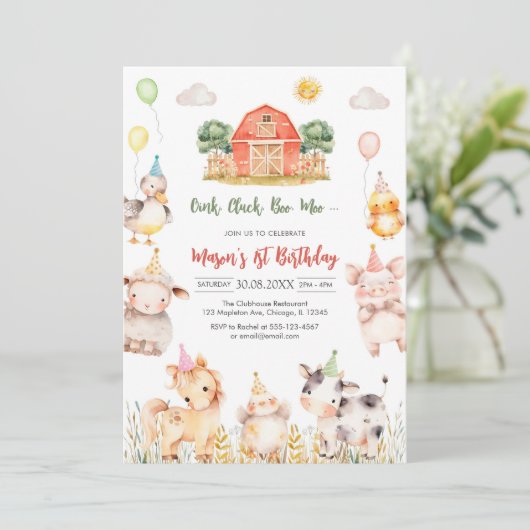 Oink Baa Quack Moo Farm Animals Birthday 招待状 (スタンド正面)