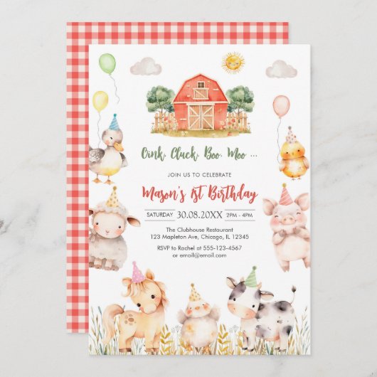 Oink Baa Quack Moo Farm Animals Birthday 招待状 (正面/裏面)