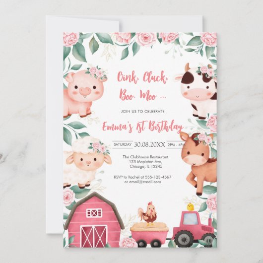 Oink Baa Quack Moo Farm Animals Birthday 招待状 (正面)