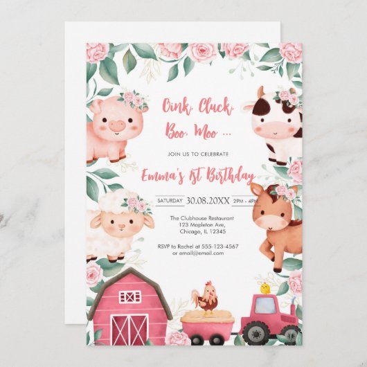 Oink Baa Quack Moo Farm Animals Birthday 招待状 (正面/裏面)
