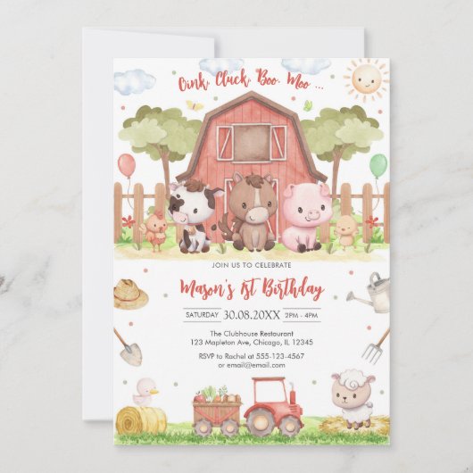 Oink Baa Quack Moo Farm Animals Birthday 招待状 (正面)