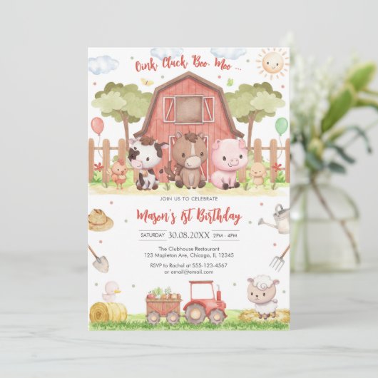Oink Baa Quack Moo Farm Animals Birthday 招待状 (スタンド正面)