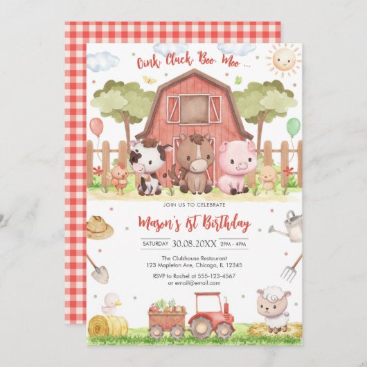 Oink Baa Quack Moo Farm Animals Birthday 招待状 (正面/裏面)
