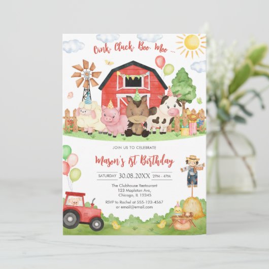 Oink Baa Quack Moo Farm Animals Birthday 招待状 (スタンド正面)