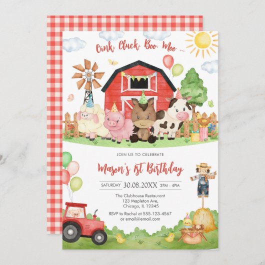 Oink Baa Quack Moo Farm Animals Birthday 招待状 (正面/裏面)
