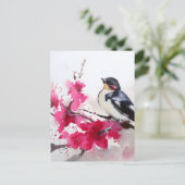 Oiseau sur branche de cerisier en fleurs, peinture ポストカード (スタンド正面)