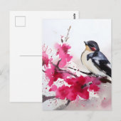 Oiseau sur branche de cerisier en fleurs, peinture ポストカード (正面/裏面)