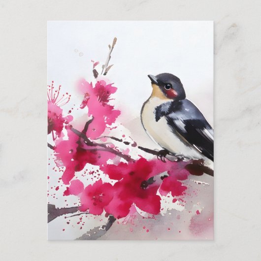 Oiseau sur branche de cerisier en fleurs, peinture ポストカード (正面)