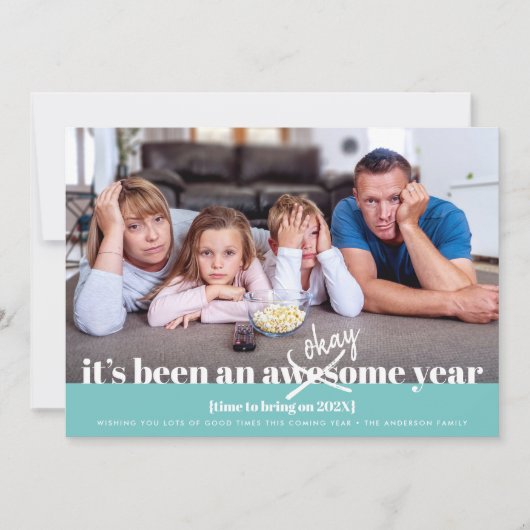 Ok New Year写真はっきりしたモダンおもしろいターコイズ シーズンカード (正面)