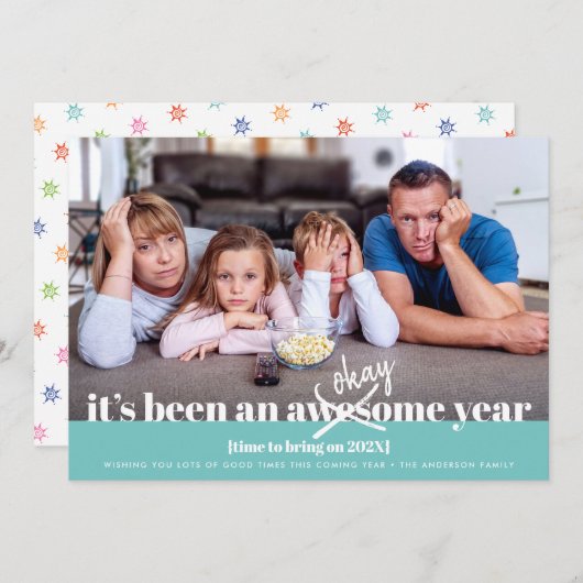 Ok New Year写真はっきりしたモダンおもしろいターコイズ シーズンカード (正面/裏面)