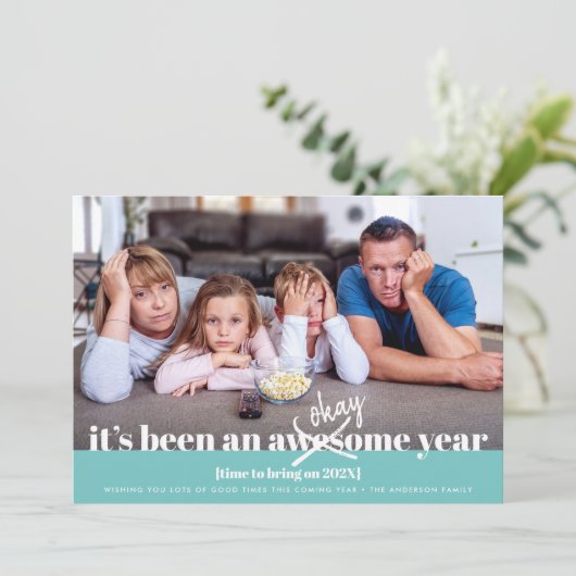 Ok New Year写真はっきりしたモダンおもしろいターコイズ シーズンカード (スタンド正面)