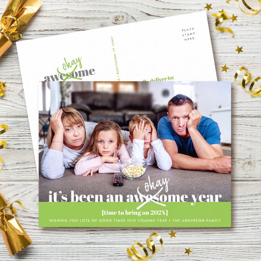 Ok New Year はっきりしたモダンおもしろいPhoto Green シーズンポストカード