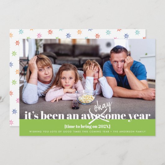 Ok New Year はっきりしたモダンシンプルおもしろい Photo Green シーズンカード (正面/裏面)