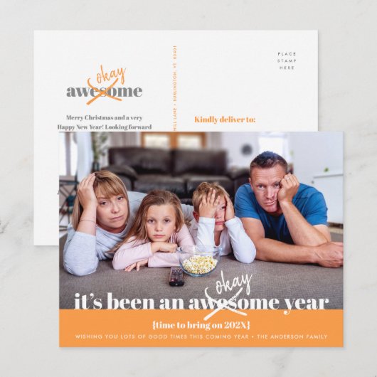 Ok New Year はっきりした Photoモダン おもしろい Orange シーズンポストカード (正面/裏面)