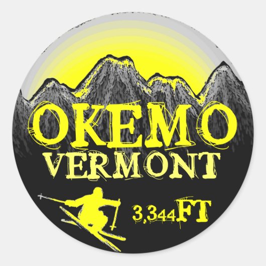Okemo Vermontイエロースキーアート標高ステッカー ラウンドシール (正面)