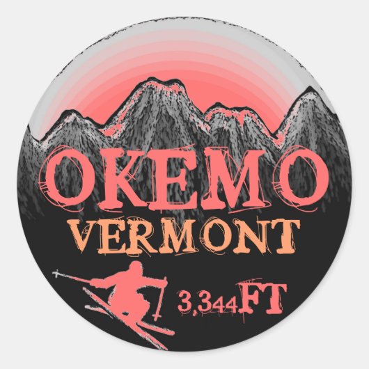Okemo Vermontピンクスキーアート標高ステッカー ラウンドシール (正面)