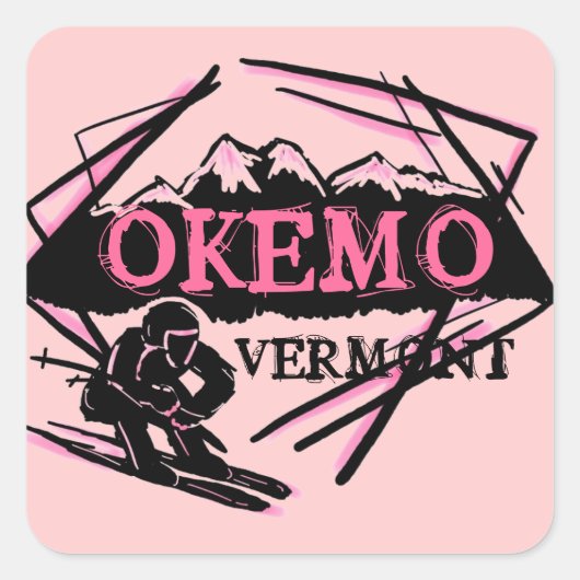 Okemo Vermontピンクマウンテンスキースタンプ スクエアシール (正面)