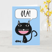 Olá! こんにちはポルトガル語、猫および魚の骨のカード カード (黄色い花)