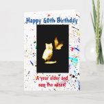 Old Age Funny Birthday カード<br><div class="desc">A card for that milestone birthday ready to personalize for any age with the option to add your own photograph and text. Features abstract owls, a border with paint splashes and spots and the funny quote 'Happy 50th Birthday, A year older and non the wiser!'. The owl artwork and abstract...</div>