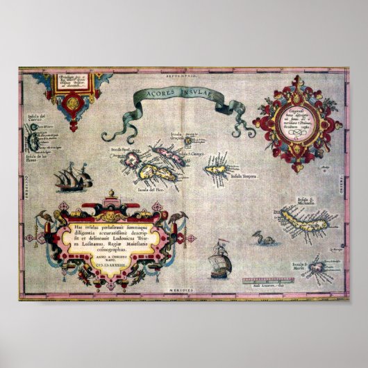Old Antique Map of the Azores from 1584 - Replica ポスター (正面)