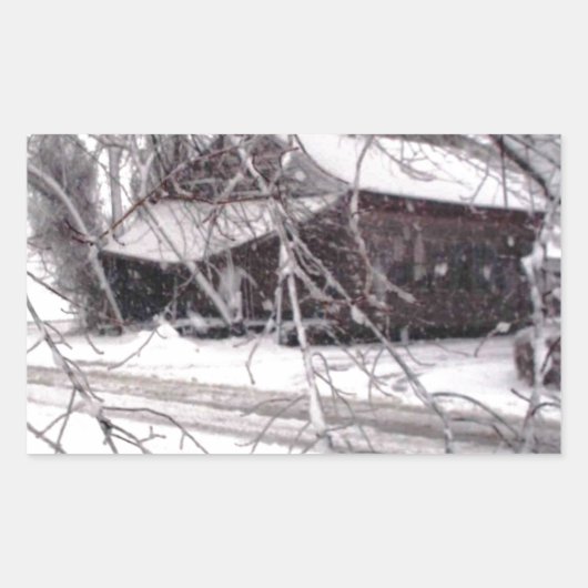 Old Barn through the Branches Winter Snow Photo 長方形シール (正面)