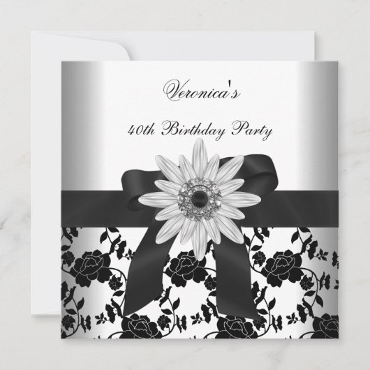 OLD Birthday Party白黒フラワーダイヤモンド 招待状 (正面)