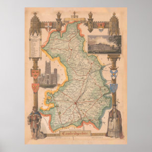 Old Cambridgeshireイギリスの地図(1843) ポスター