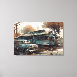 Old cars in front of an old house キャンバスプリント