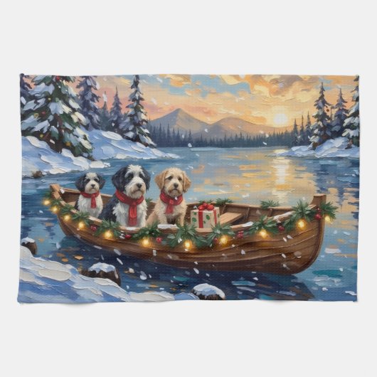 Old English Sheepdog Christmas Boat Holiday キッチンタオル (横)