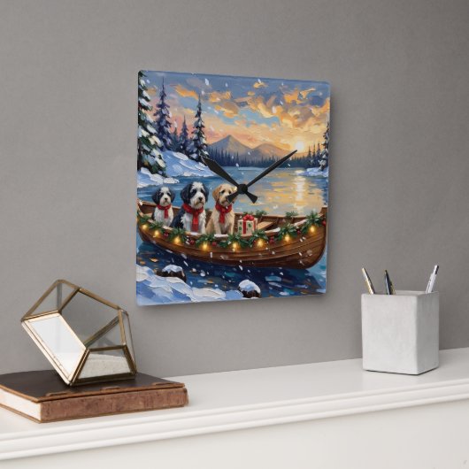 Old English Sheepdog Christmas Boat Holiday スクエア壁時計 (オフィス)