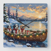 Old English Sheepdog Christmas Boat Holiday スクエア壁時計 (正面)