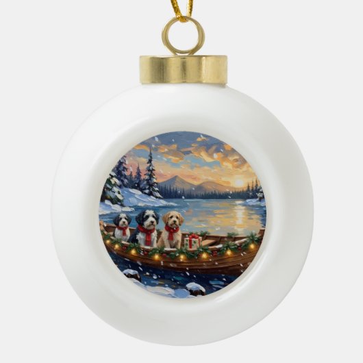 Old English Sheepdog Christmas Boat Holiday セラミックボールオーナメント (正面)