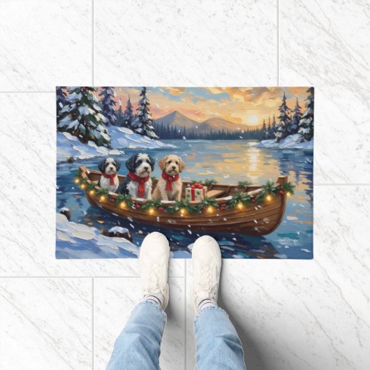 Old English Sheepdog Christmas Boat Holiday ドアマット (室内)