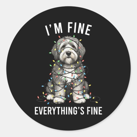 Old English Sheepdog Christmas I'm Fine Everything ラウンドシール (正面)
